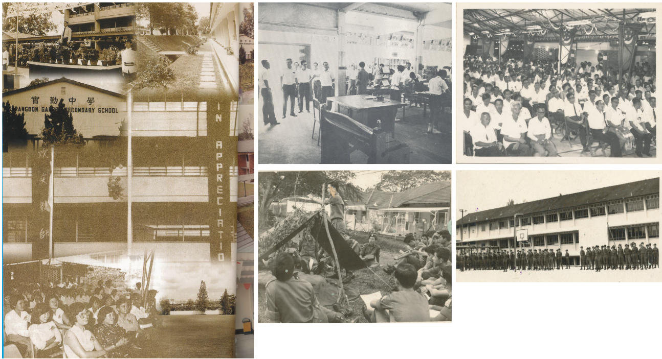 A collage of five black-and-white photographs depicting various scenes from a school, a classroom with students and a teacher, a large group of students seated in an assembly, children gathered around a tent outdoors, and a line of students standing outside a school building. The images highlight different aspects of school life, such as education, outdoor activities, and group gatherings, showcasing historical school environment and student engagement.